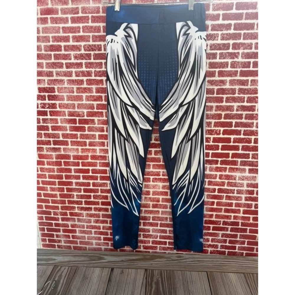 Navy Blue White Angel Wings Print Stretch Leggings Size L